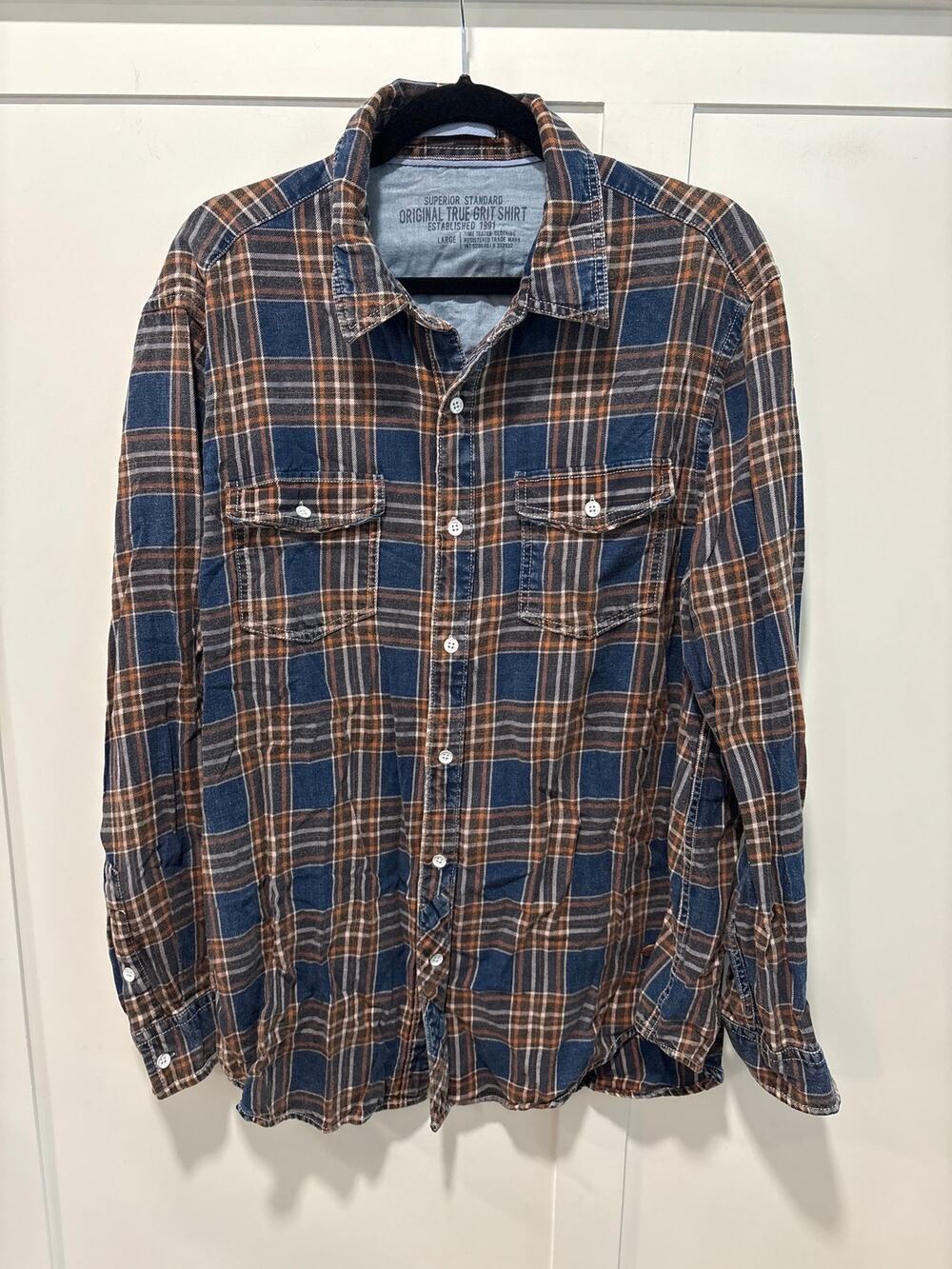 True Grit Men's Button Down Plaid Shirt Blue / Orange Size L